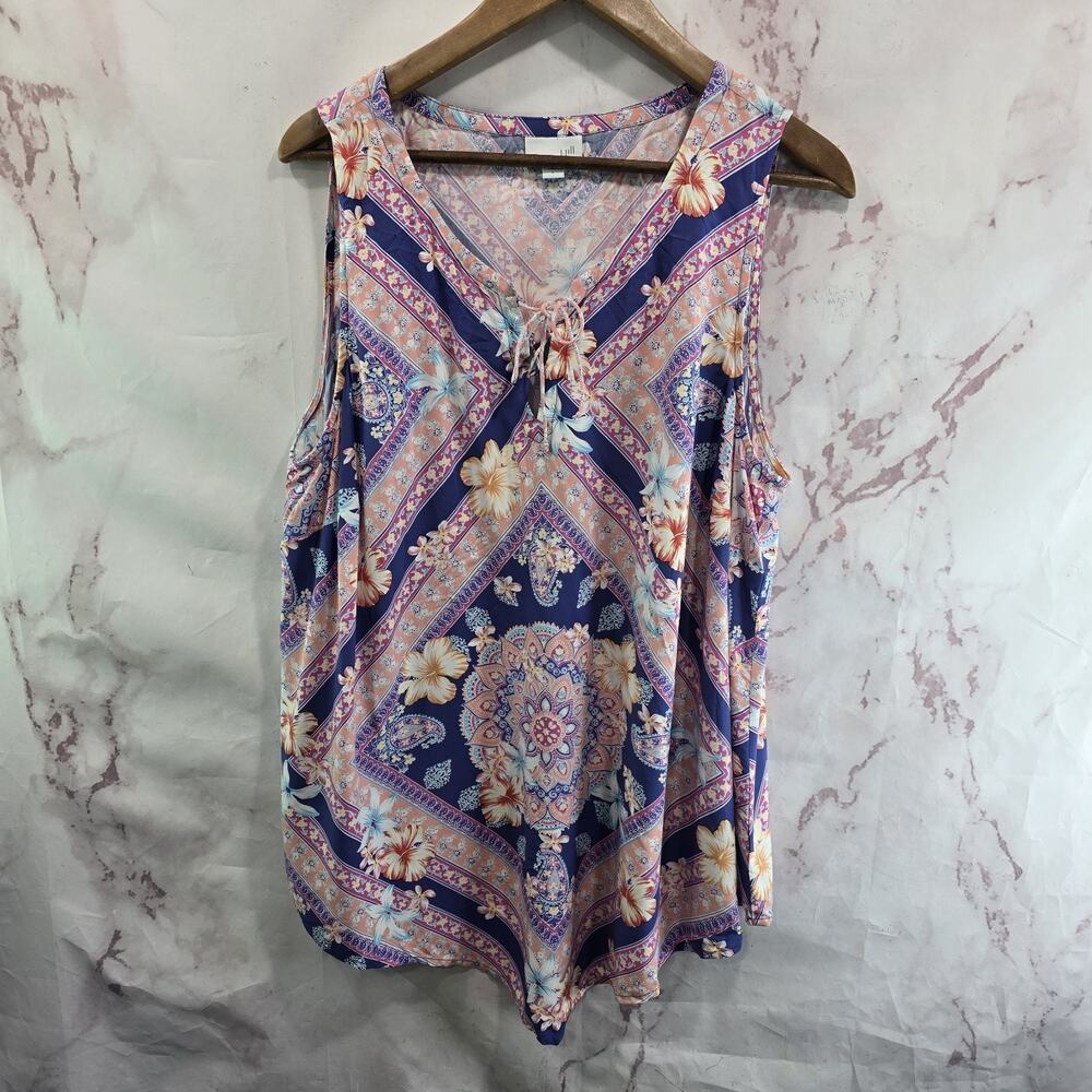J Jill Shirt Womens Large Tank Top Blue Pink Paisley Floral V Notch Handkerchief